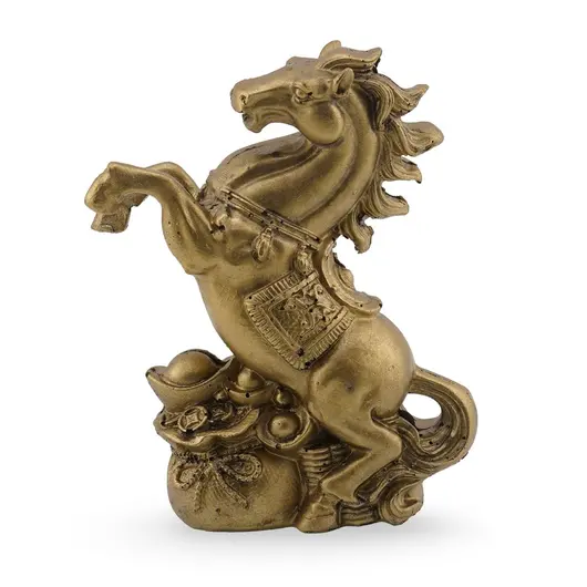 Statueta Feng Shui din rasina Cal auriu pe Sacul prosperitatii cu monede si pepite, 8cm