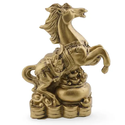 Statueta Feng Shui din rasina Cal auriu pe Vasul Bogatiei cu monede si pepite, 9cm, imagine 2