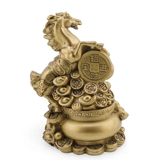 Statueta Feng Shui din rasina Cal auriu pe Vasul Bogatiei cu monede si pepite, 9cm, imagine 2