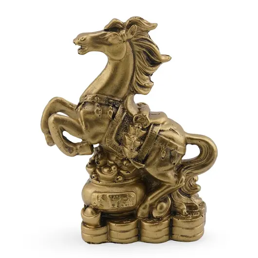 Statueta Feng Shui din rasina Cal auriu pe Vasul Bogatiei cu monede si pepite, 9cm