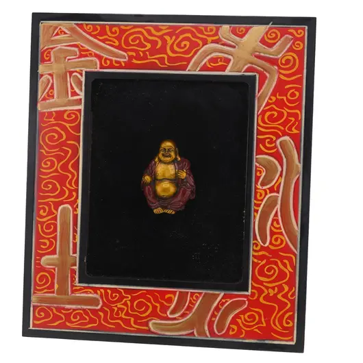 Tablou cu rama din lemn Buddha vesel, 28cm x 24cm