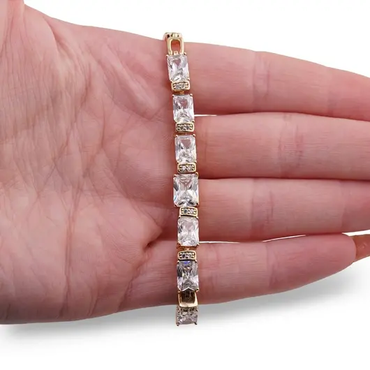 Bratara Cupru placat cu Aur galben 14k, model glam cu zirconii mari, imagine 3