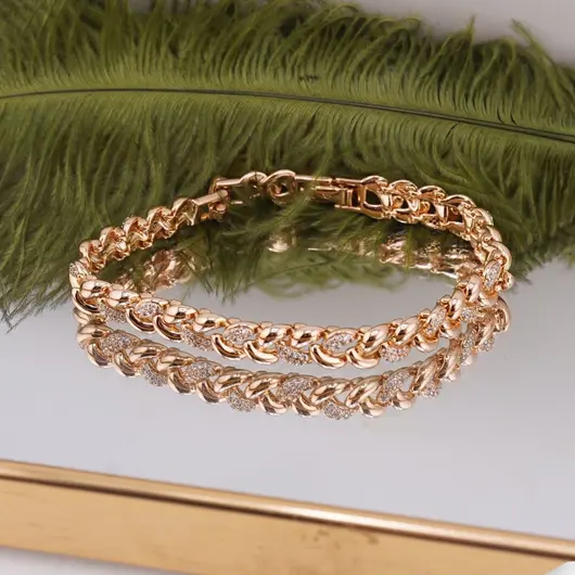 Bratara Cupru placat cu Aur rose 14k, model impletitura mare cu zirconii, imagine 2