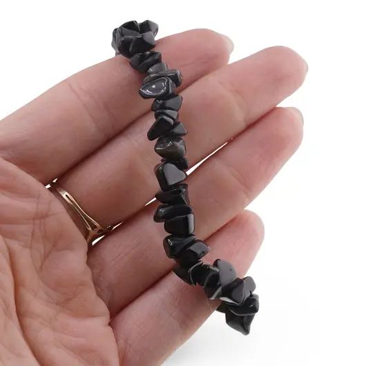 Bratara pe elastic cu pietre chips Obsidian auriu, imagine 4