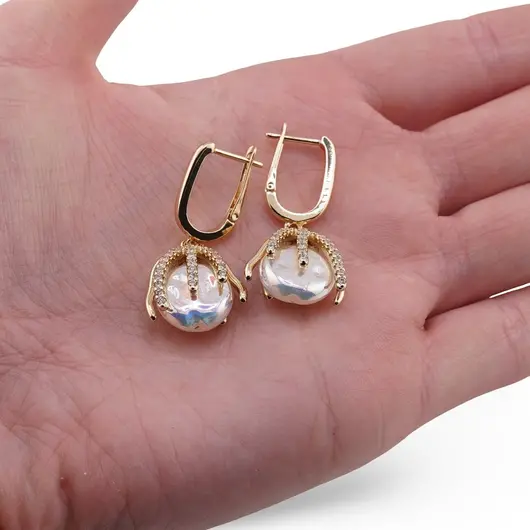 Cercei Cupru placat cu Aur galben 14k, model ciorchine cu perla, imagine 3