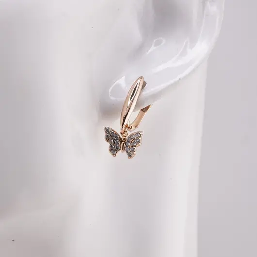 Cercei Cupru placat cu Aur rose 14k, model clasic cu fluturi si zirconii, imagine 2
