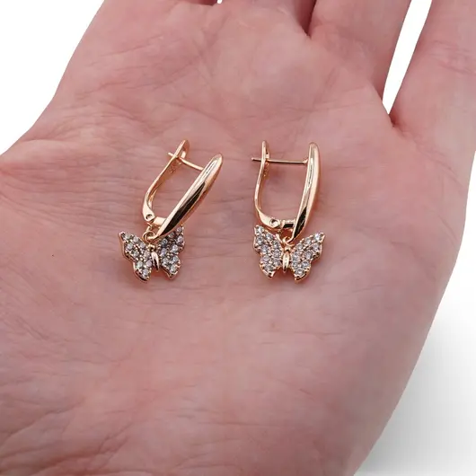 Cercei Cupru placat cu Aur rose 14k, model clasic cu fluturi si zirconii, imagine 3