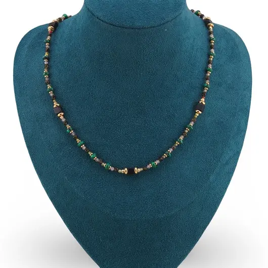 Colier Malachit rondele 4-5mm, Cuart Fumuriu fatetat 3mm, Onix cub 4mm si elemente aurii, imagine 2