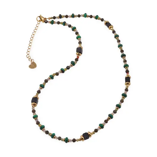 Colier Malachit rondele 4-5mm, Cuart Fumuriu fatetat 3mm, Onix cub 4mm si elemente aurii