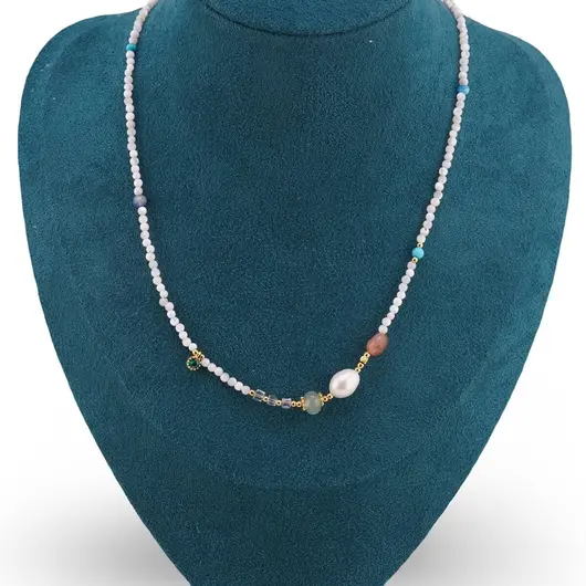 Colier Sidef alb sfere 3mm, elemente aurii si mix de cristale, imagine 2