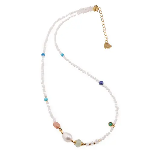 Colier Sidef alb sfere 3mm, elemente aurii si mix de cristale