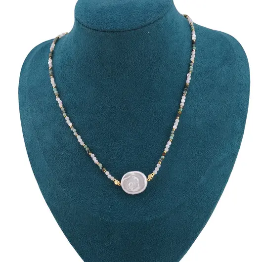 Colier Sidef sfere 2mm, Turcoaz fatetat 2mm, elemente aurii si Perla 17mm, imagine 2