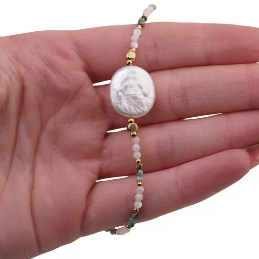 Colier Sidef sfere 2mm, Turcoaz fatetat 2mm, elemente aurii si Perla 17mm, imagine 3