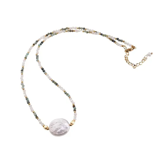 Colier Sidef sfere 2mm, Turcoaz fatetat 2mm, elemente aurii si Perla 17mm