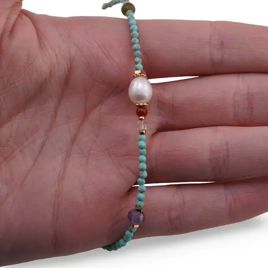 Colier Turcoaz fatetat 3mm , Perle de cultura, mix de cristale 4mm si elemente aurii, imagine 3