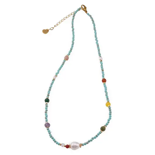 Colier Turcoaz fatetat 3mm , Perle de cultura, mix de cristale 4mm si elemente aurii