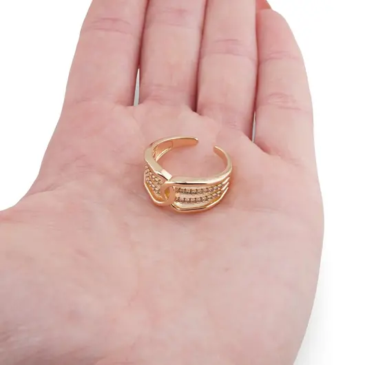 Inel reglabil Cupru placat cu Aur galben 14k, model catarama cu zirconii, imagine 3