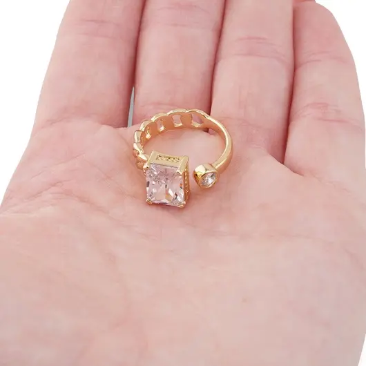 Inel reglabil Cupru placat cu Aur galben 14k, model chain cu zirconiu dreptunghiular, imagine 3