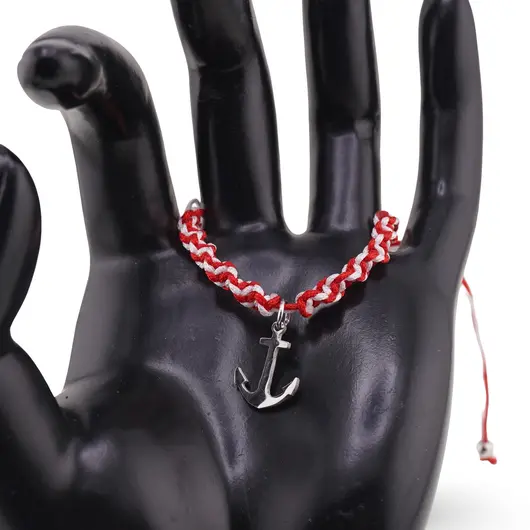 Bratara reglabila, snur alb si rosu cu charm ancora, imagine 2