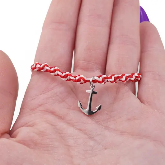 Bratara reglabila, snur alb si rosu cu charm ancora, imagine 3
