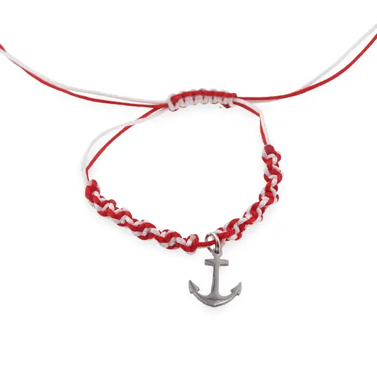 Bratara reglabila, snur alb si rosu cu charm ancora