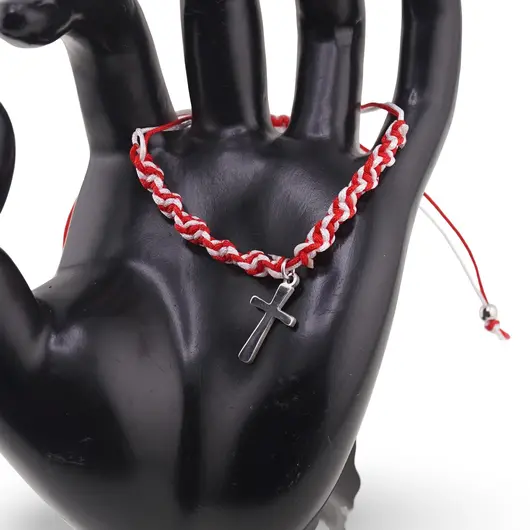 Bratara reglabila, snur alb si rosu cu charm cruce, imagine 2