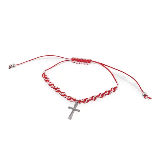 Bratara reglabila, snur alb si rosu cu charm cruce