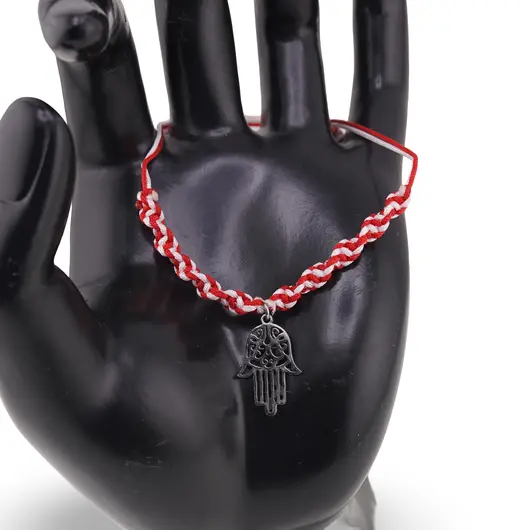 Bratara reglabila, snur alb si rosu cu charm hamsa, imagine 2