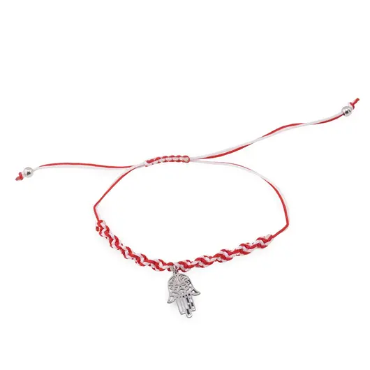 Bratara reglabila, snur alb si rosu cu charm hamsa