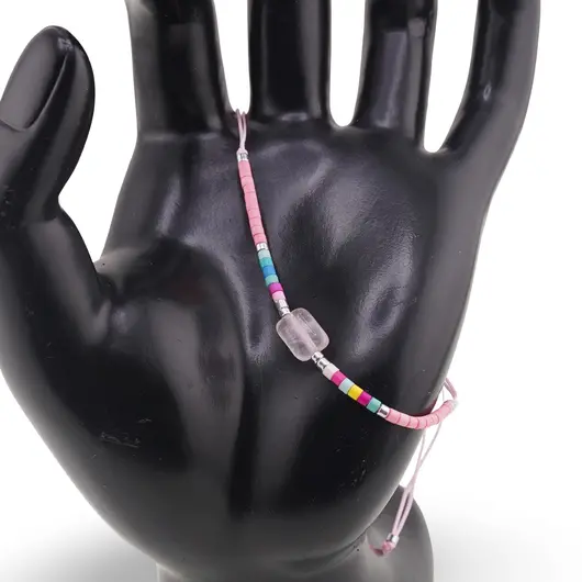 Bratara snur reglabil, Cuart roz dreptunghiular si elemente colorate, imagine 2