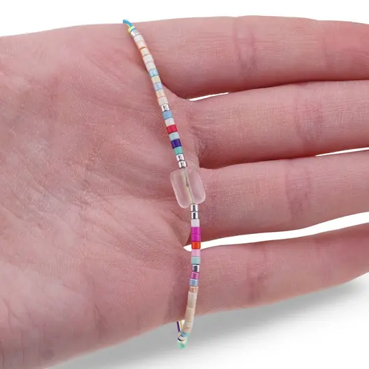 Bratara snur reglabil, Cuart roz dreptunghiular si elemente colorate, snur multicolor, imagine 3