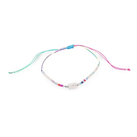 Bratara snur reglabil, Cuart roz dreptunghiular si elemente colorate, snur multicolor