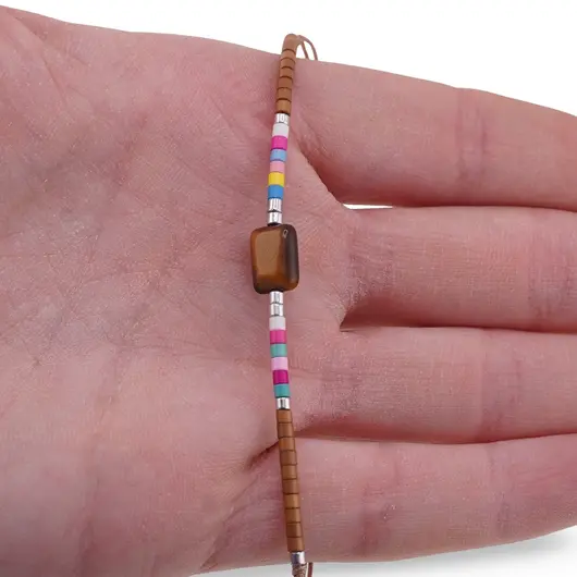 Bratara snur reglabil, Ochi de tigru dreptunghiular si elemente colorate, imagine 3