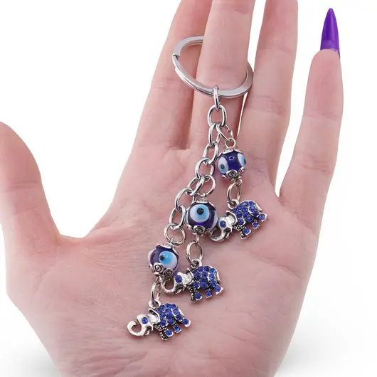 Breloc Feng Shui cu trei elefanti si ochi protectori, imagine 3