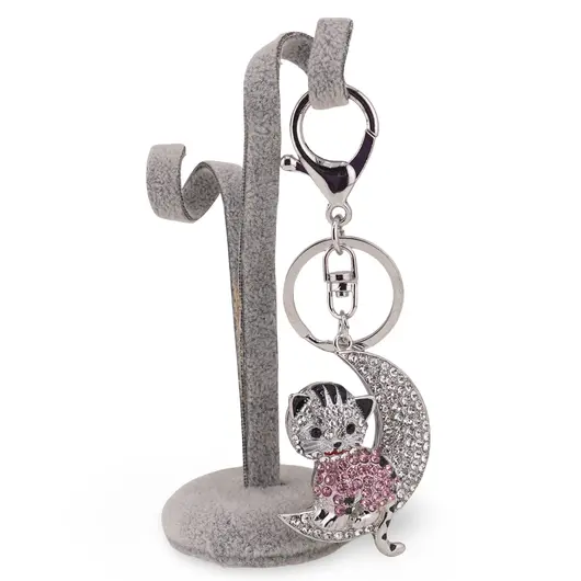 Breloc pisica roz si luna cu zirconii, imagine 2