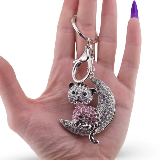 Breloc pisica roz si luna cu zirconii, imagine 3
