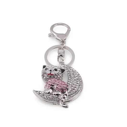 Breloc pisica roz si luna cu zirconii
