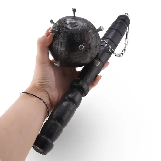 Buzdugan medieval vintage din lemn, model cu lant, imagine 3