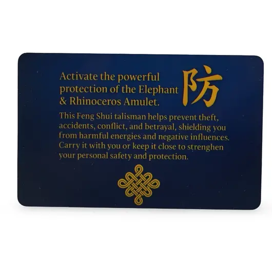 Card feng shui din plastic Elefant si Rinocer albastru cu Nodul Mistic pentru protectie, 2026, imagine 2