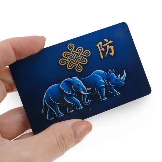Card feng shui din plastic Elefant si Rinocer albastru cu Nodul Mistic pentru protectie, 2026, imagine 3