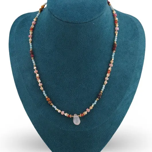 Colier Amazonit fatetat 2mm, Rodonit disc 4mm, Mookait fatetat 4mm, Sidef crem fatetat 4mm si elemente aurii, imagine 2