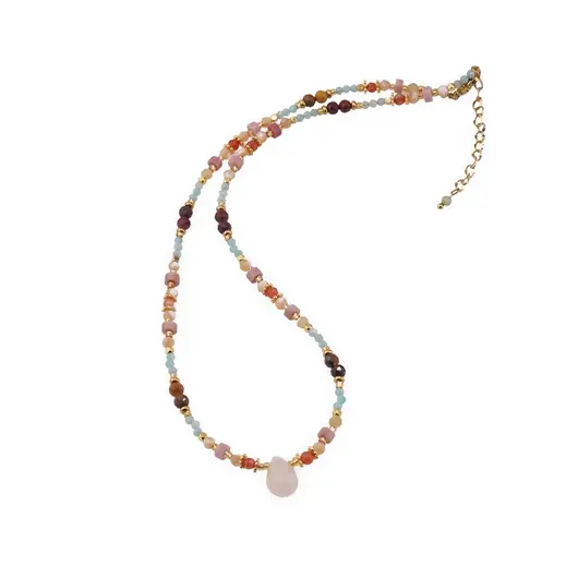 Colier Amazonit fatetat 2mm, Rodonit disc 4mm, Mookait fatetat 4mm, Sidef crem fatetat 4mm si elemente aurii