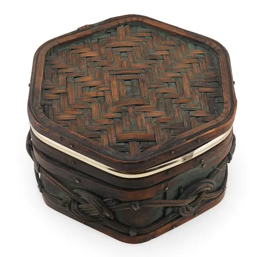 Cutie vintage din lemn si ratan, model impletit - 14cm, imagine 2