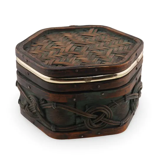 Cutie vintage din lemn si ratan, model impletit - 14cm