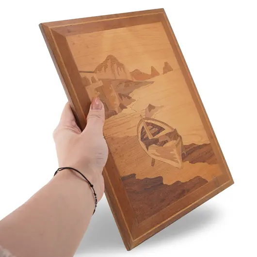 Saboti vintage din lemn sculptat, peisaj marin cu barca, 28cm, imagine 3