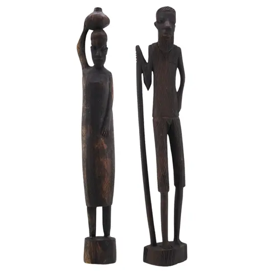Set statuete vintage din lemn cuplu african cu vas pe cap si toiag, 30cm