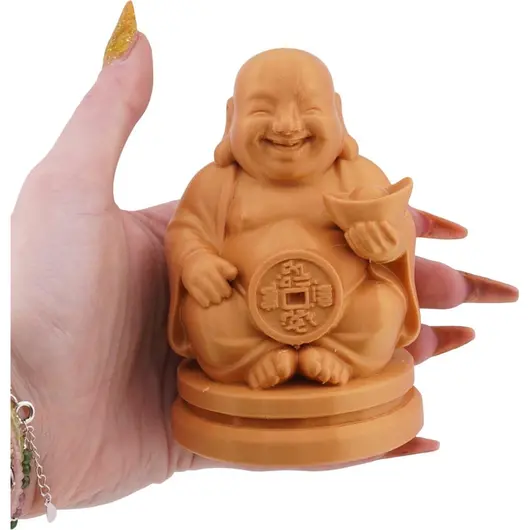 Statueta feng shui Buddha vesel cu pepita in mana, 10cm - galben inchis, imagine 3