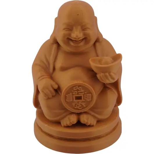 Statueta feng shui Buddha vesel cu pepita in mana, 10cm - galben inchis
