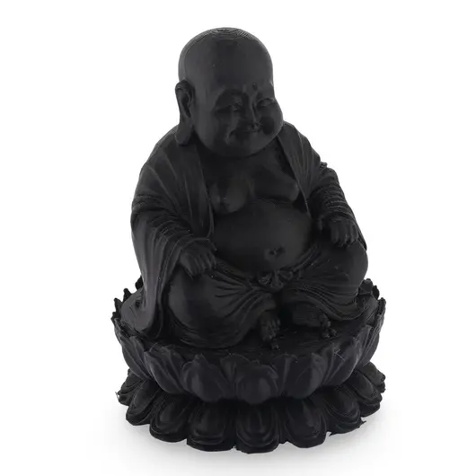 Statueta feng shui Buddha vesel pe floare de lotus, 9cm - negru, imagine 2