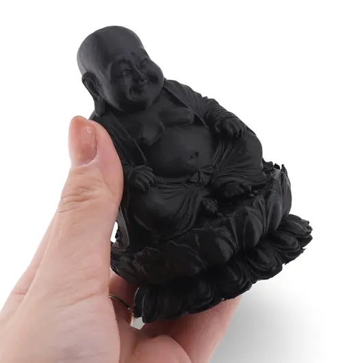 Statueta feng shui Buddha vesel pe floare de lotus, 9cm - negru, imagine 3